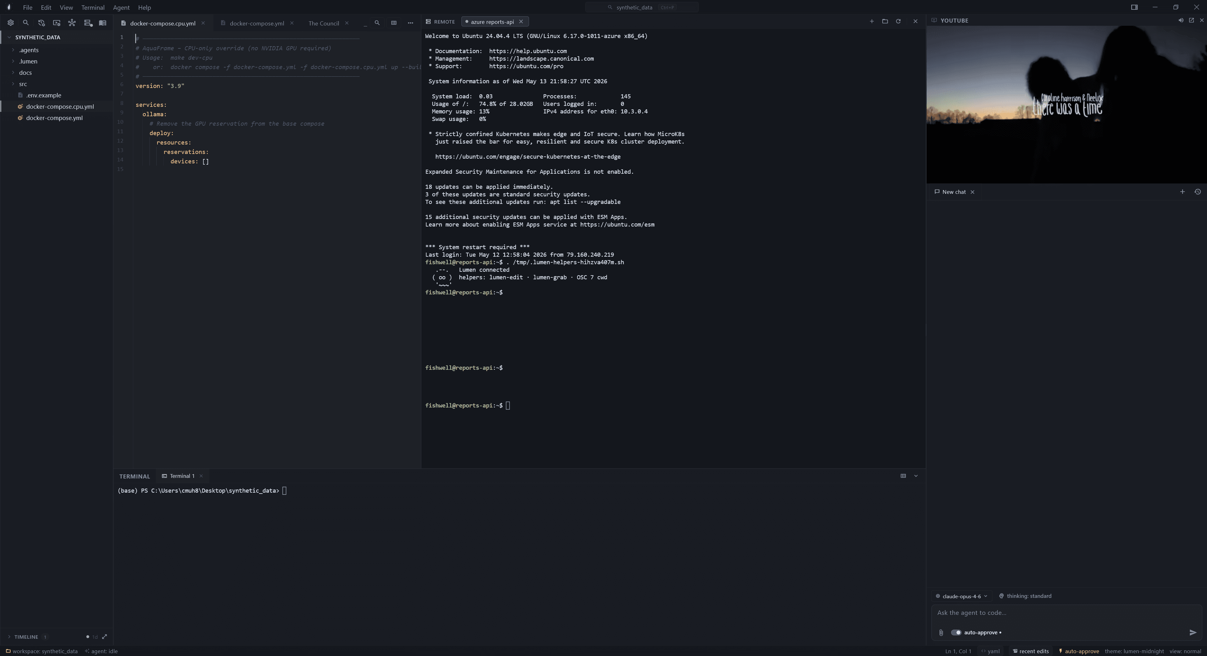 Editor on the left, SSH terminal in the middle, a YouTube panel on the right. One window.