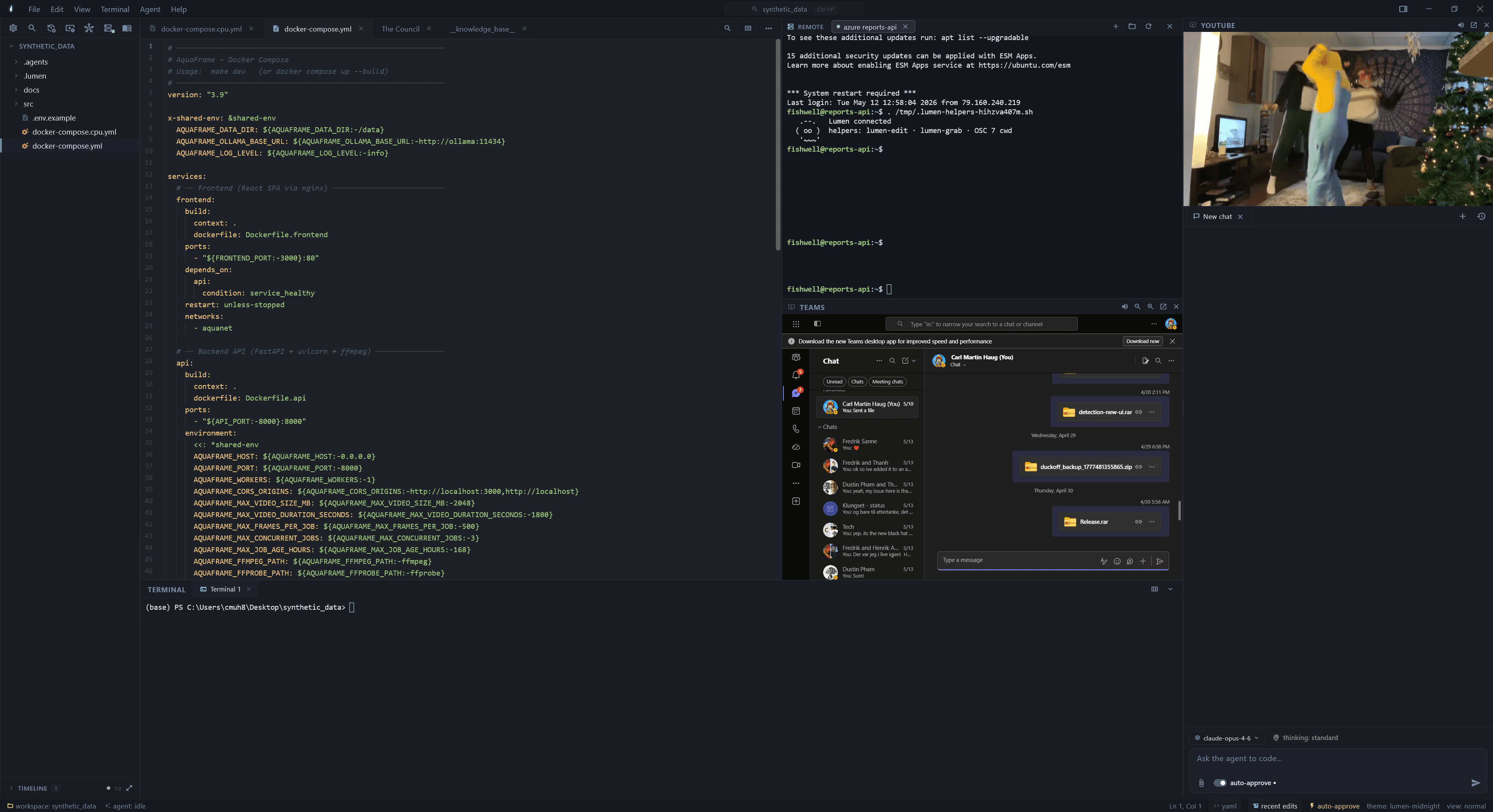 Lumen in real use — editor on the left with docker-compose.yml open, SSH terminal showing lumen-edit / lumen-grab / OSC-7 helpers active, Teams chat docked below, YouTube on the right. Single window.